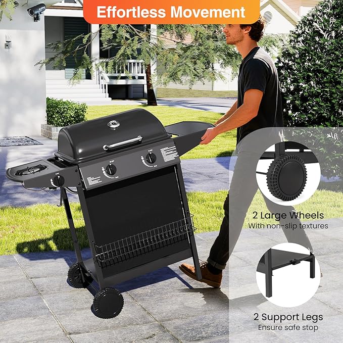 Happygrill 3 + 1 Burner Propane Gas Grill, 39,000 BTU Outdoor Cooking Grill w/Storage Shelves & Porcelain-Enameled Grates, Portable BBQ Grills on Wheels w/Thermometer for Backyard, Camping & Picnic