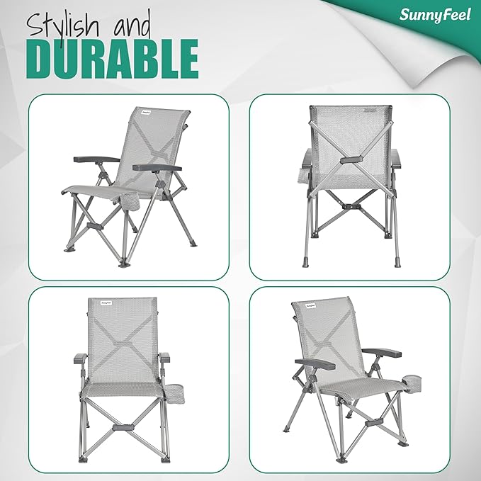SUNNYFEEL Folding Camping Chair Heavy Duty Ergonomic Chairs Support 500lbs with Adjustable Breathable High Back Support and Cup Holder, Aluminum Frame for Fishing, Camp, Beach, Lawn, RV, Patio