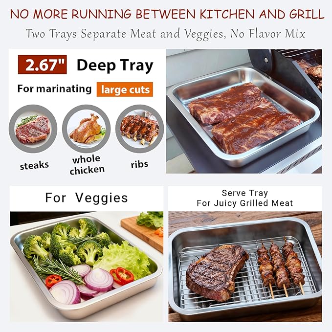 Stainless Steel Grill Prep & Serve Tray Set with Lids – Grill Carry System for Large Food Prep, Marinating Containers, Oven Roasting, and Serving (Grill Prep & Serve Tray Set #1)