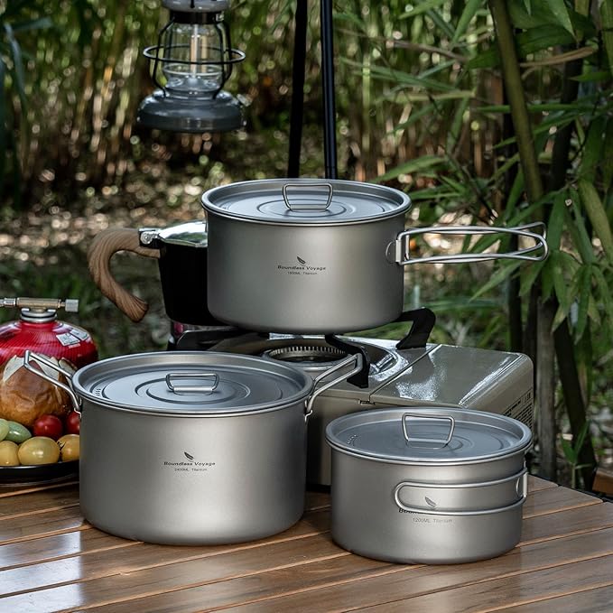 Boundless Voyage Camping Cookware Lightweight Cooking Pot Set Titanium Pot Portable for Outdoor Cooking Traveling Hiking Trekking Backpacking, 1-5 Person