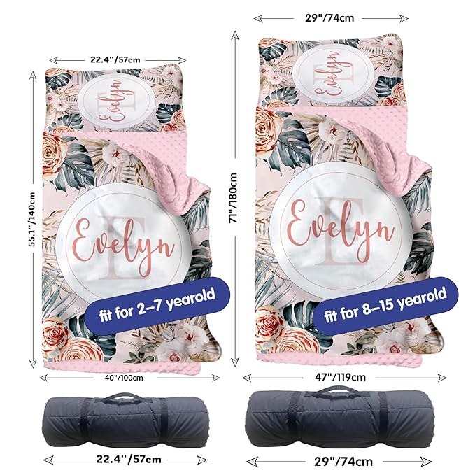 Custom Toddler Nap Mat for Preschool, Personalized Name Flower Kids Sleeping Bag for Daycare, Roll Up Sleeping Mat with Removable Pillow and Soft Dot Minky Blanke for Girls Camping