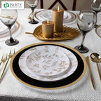 PARTY BARGAINS 13-Inch Charger Plates - 4 Pack, Black Gold Rim, Heavy-Duty Disposable Chargers for Elegant Dining - Ideal for Weddings and Formal Events