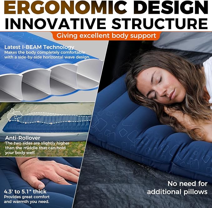KingCamp Sleeping Pad for Camping, Ultralight Connectable Inflatable Sleeping Pad Camping Mattress with 6.3" Built-in Pillow & Foot Pump for Backpacking Hiking Tent Cot