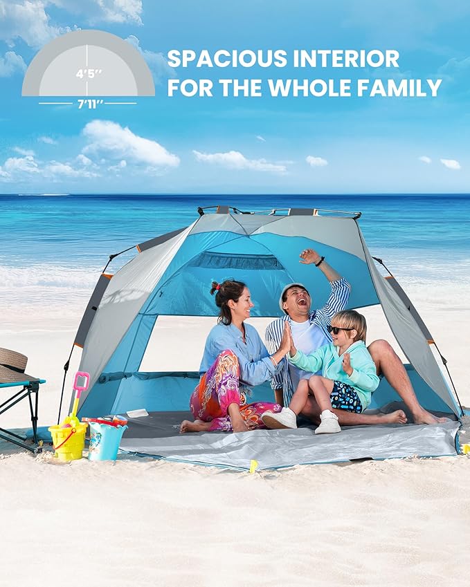 OutdoorMaster Beach Tent Sun Shelter for 3-4 Person, Pop Up Beach Tent Easy Setup with Sandbags, Portable Sun Shade Canopy with Carrying Bag for Beach & Outdoor, UPF50+ UV Protection, Family Size