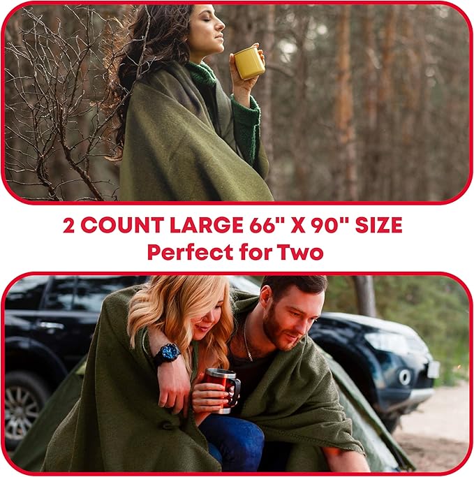 Ever Ready First Aid Olive Drab Green Warm Fire Retardant Blanket, 66" x 90" (80% Wool) – US Military Style, Heavy-Duty Survival & Emergency Blanket for Camping, Hunting, Outdoors & Home Use - 2 Pack
