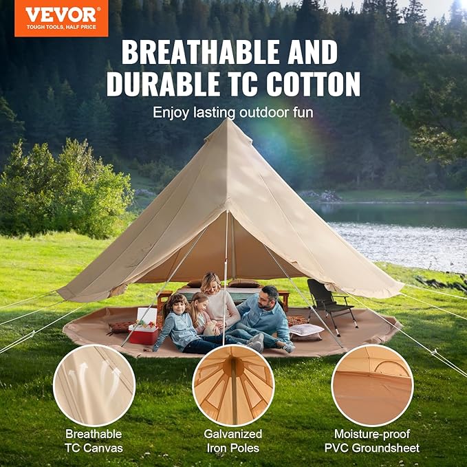 VEVOR Canvas Tent Bell, Yurt 4 Seasons for Camping with Stove Jack, Breathable Holds up to 4 People, Family Camping Outdoor Hunting Party