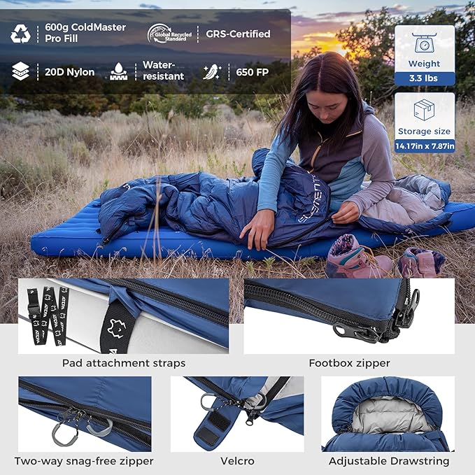 ATEPA Down Sleeping Bag for Adults, 650FP Recycled 30°F 35°F 40°F 45°F 3 Season Wearable Ultralight Packable Compact Sleeping Bags with Compression Sack for Backpacking Camping Hiking