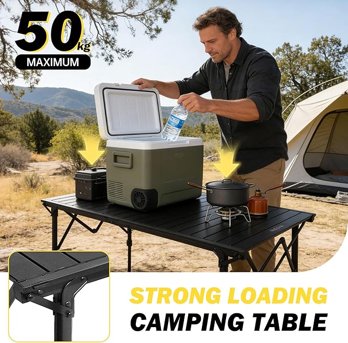 50" Large Folding Camping Table with Adjustable Hight Legs for 2-6 People - Heavy Duty Foldable Camp Table with Roll-Up Aluminum Picnic Table, Portable Outdoor Table for Cooking,Beach,BBQ,Party