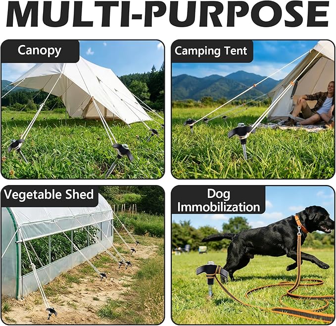 8" Heavy Duty Screw in Tent Stakes, Metal Camping Stakes, Drill-In Ground Anchor, Threaded Stakes for Canopies, Gardening, Yard Inflatables, with Hex Socket and Storage Bag (12, Black)