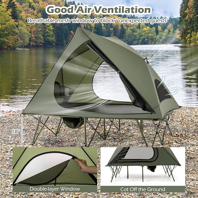 Tangkula 2 in 1 Tent Cot, 2-Person Portable Off-Ground Elevated Camping Tent with Cot, Removable Rainfly, Wheeled Bag, Stakes & Wind Ropes for Outdoor Hiking, Picnic, Travel