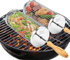 Rolling Grill Baskets,Removable Wooden Handle,304 Stainless Steel,Grill Accessories for Veggies Shrimp Meat,Kitchen Gadgets Fits Outdoor Cooking&Picnics,Camping Essentials,Ideal Festival Birthday Anniversary Gifts—2 Pack