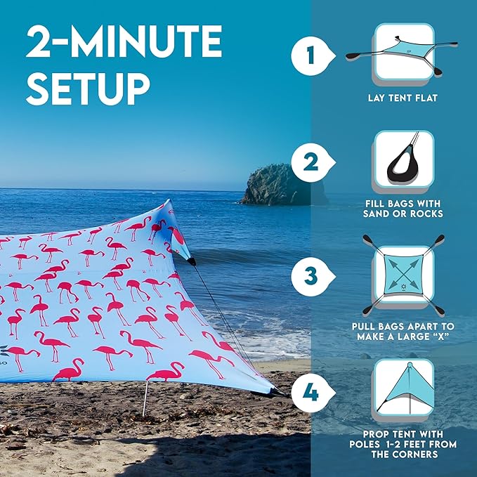 Neso Gigante Portable Beach Tent Sun Shelter - Lightweight Beach Shade Canopy - Easy Setup for Family Outings - Patented Reinforced Corners - UPF 50+ Sun Protection - 8ft Tall, 11 x 11ft - Flamingos