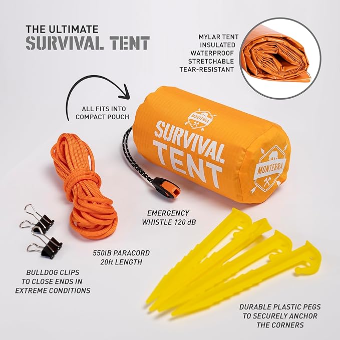 Monterra Emergency Tent, 2 Person Survival Shelter, Thermal Mylar, Waterproof, Outdoor Camping Gear and Equipment, Survival Kits, Compact Bivvy Tarp, Includes Paracord and Accessories. (Orange 1 Pack)