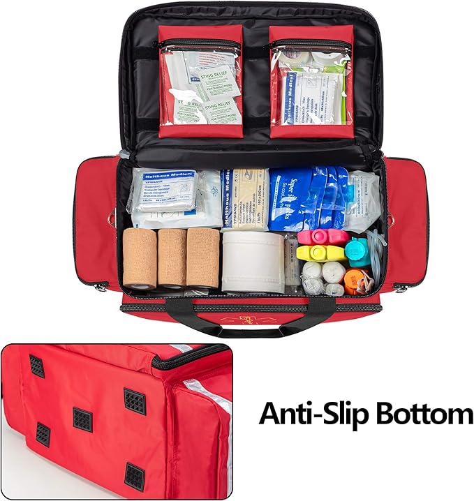 Trunab Emergency Responder Trauma Bag Empty, Professional First Aid Kits Storage Medical Bag with Inner Dividers and No-Scratch Bottom, Ideal for EMT, EMS, Paramedics, Red, BAG ONLY