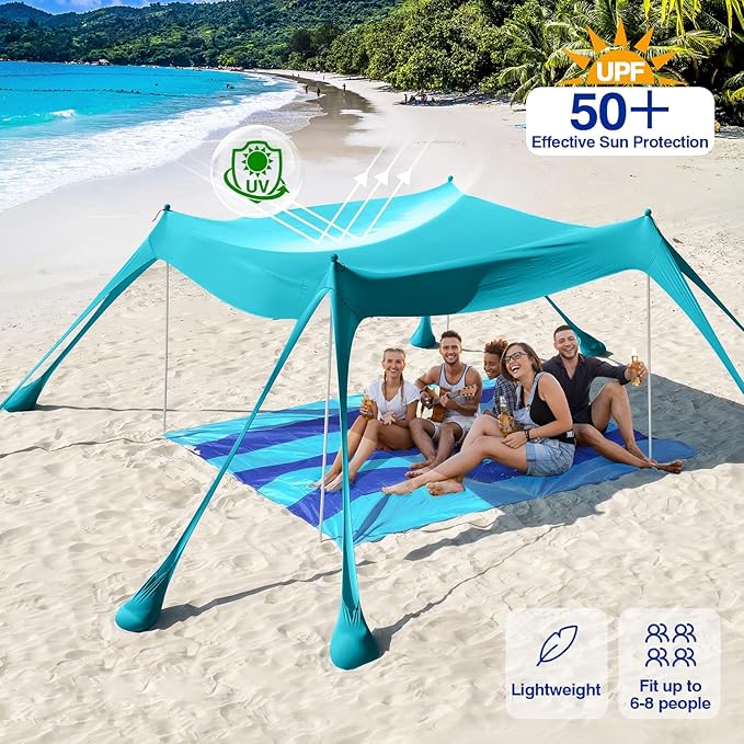 Rhino Valley Beach Tent Shade Canopy UPF50+ Protection, 8 Sandbags, 4 Stability Poles, Outdoor Sun Shelter Umbrella for Sand, Camping, Fishing Essentials