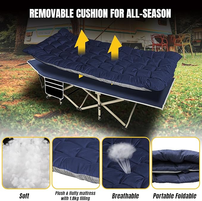YELLOW JACKET Folding Camping Cot for Adults,600LBS Max Load,28" Wide Sleeping Cot with Removable Thick Mattress Portable Foldable Camping Bed with Carry Bag for Camp,Home,Office,Travel,Blue