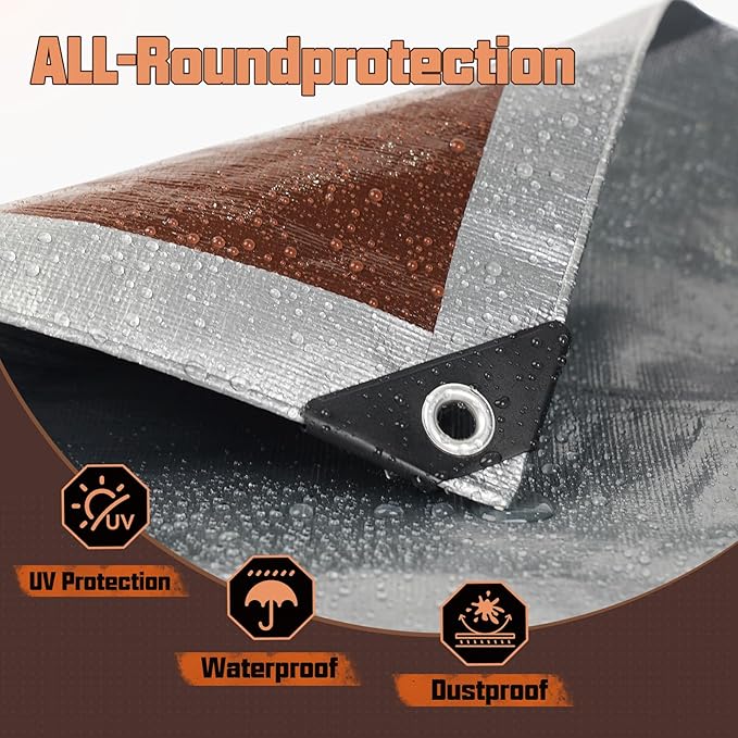 12 x 12 FT Waterproof Heavy Duty Tarp, 10 Mil Thick, Outdoor Furniture Covers, Plastic Insulated Tarpaulin for Camping Tent Roof Boat Patio Pool Cover, Large & Small Multi-Size Tarps, Silver/Brown