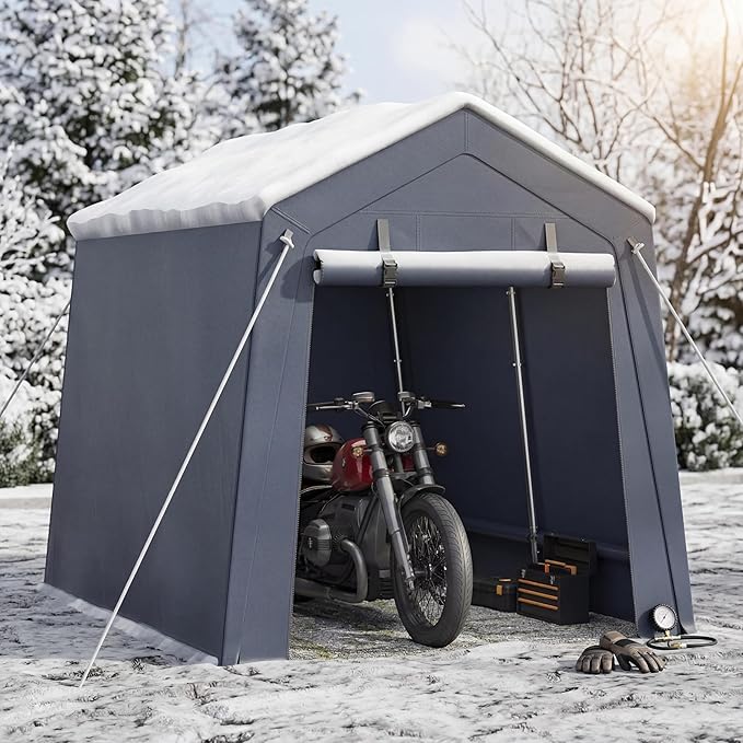 6x6FT Carport, Heavy Duty Motorcycle Shed with Waterproof PE Tarp, Portable Outdoor Storage Shed for Bikes and Firewood, All-Weather Car Shelter with Roll-Up Zipper Door, 6x6FT, Gray