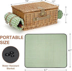 Picnic Basket for 4, Insulated Willow Picnic Baskets with Shoulder Strap, Picnic Hamper with Waterproof Picnic Blanket, Handmade Wicker Hamper for Outdoor Camping, GreenCheck