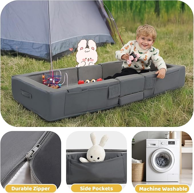 ENITYA Toddler Travel Bed – Portable Foldable Soft Foam Floor Bed for Kids 1–4yr, No Assembly, Washable Cover, Built-in Safety Rails, Compact for Travel & Home Use, Light Grey