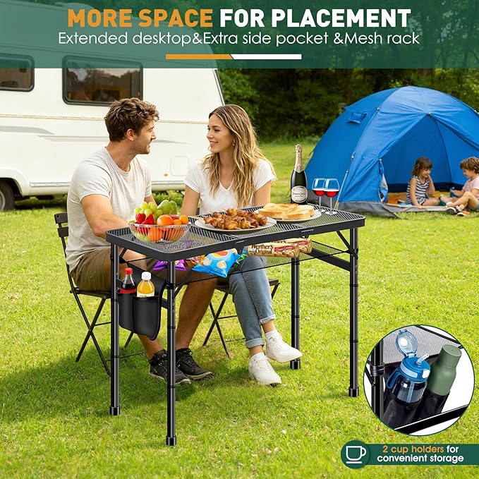 DeeprBetter Folding Camping Table, 3ft Camping Table Aluminum Folding Table with 3 Adjustable Height Max 27.5 Inch Picnic Table Portable Table for Outdoor Backyard BBQ, Beach