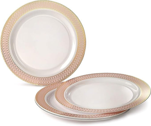 " OCCASIONS " 50 Plates Pack (25 Guests)-Wedding Party Disposable Plastic Plate Set -25 x 10'' Dinner + 25 x 7.5'' Salad/Dessert plates (Venice in White/Blush/Peach & Gold)