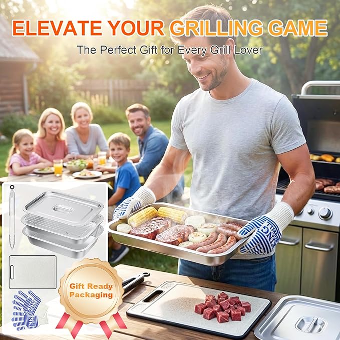 7-Piece Grill Prep and Serving Tray Set, Stainless Steel BBQ Marinating Container with Lid, Cutting Board, Wire Rack, Tongs & Heat Resistant Gloves, Stackable Large Meat Pan for Camping & Tailgating