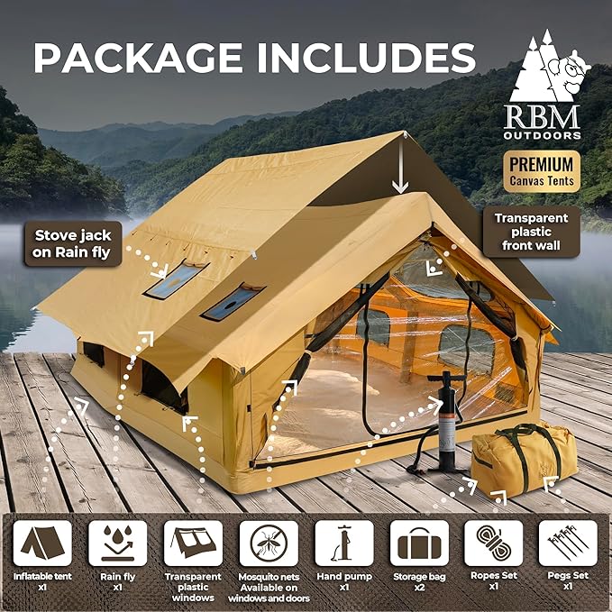 Inflatable Canvas Camping Tents with Stove Jack – Air Beam Blow Up Family Camping Tent for 2–6 People, Fast Setup Shelter with Hand Pump