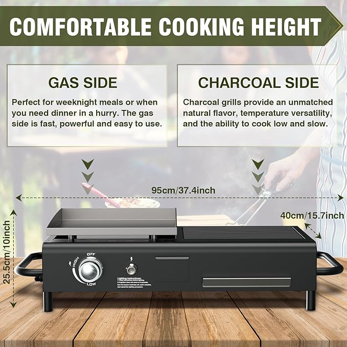 BESTFIRE Tabletop Propane & Charcoal Grill Combo, 70,000 BTU Dual Fuel Flat Top Griddle, 2 Side Shelves & Cast Iron Cooking Area – Compact BBQ Grill for Patio, Camping, and Small Outdoor Spaces