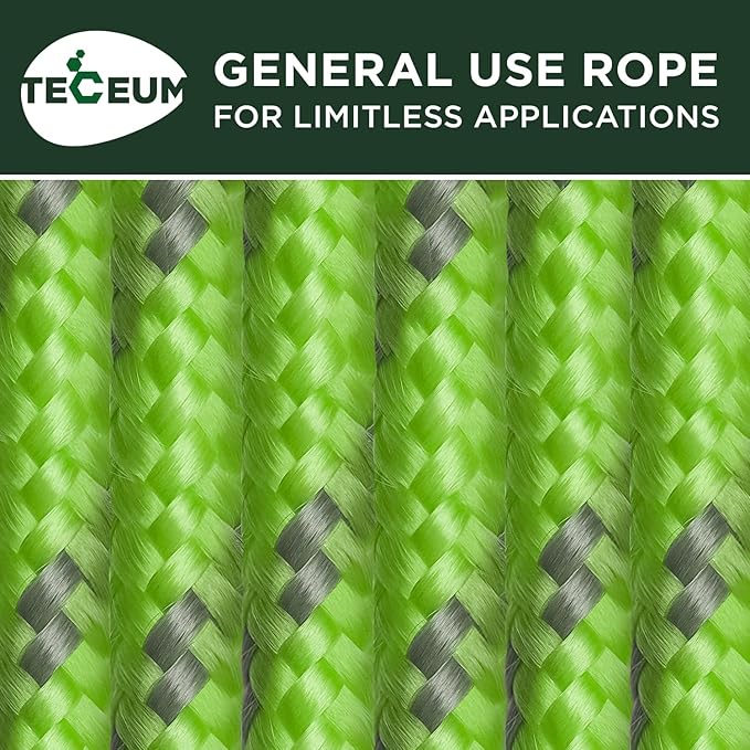 TECEUM Rope – 90 Feet x 1/4 Inch (7mm) – Green Gray – Strong All-Purpose Utility Rope – Camping, Crafting, Flag Pole, Indoor & Outdoor – Polypropylene Nylon Poly Lightweight Diamond Braided Cord