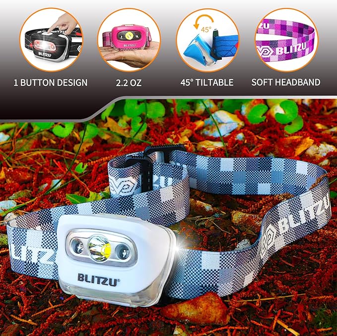 BLITZU LED Headlamp Flashlight for Adults & Kids, Lightweight, Waterproof Head Lamp with White & Red Light, Comfortable Headband, Perfect for Running, Camping, Hiking, 3 AAA Batteries Included, White
