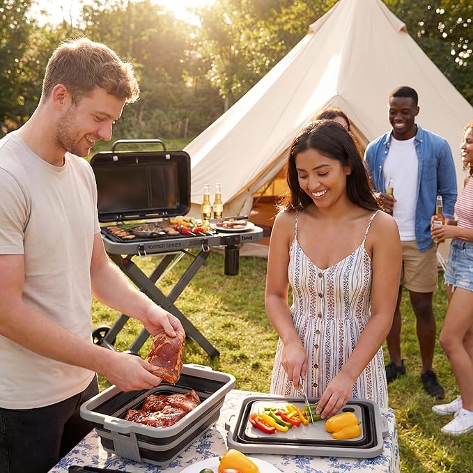 9-IN-1 Collapsible BBQ Prep Tub with Cutting Board, Portable Grill Prep Station with Side Brackets, Lids, Knives, Meat Claws and Drain Rack, Space-Saving for Kitchen, RV, Camping, Black