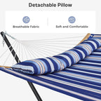 SUPERJARE Hammock with Stand, 2 Person Heavy Duty Hammock with Padded Cotton, Detachable Pillow & Strong Curved-Bar & Portable Carrying Bag, Perfect for Outdoor & Indoor, Navy Blue Stripe
