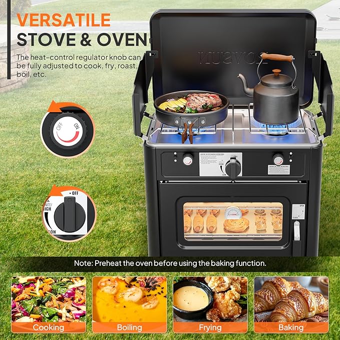 ROVSUN 2-in-1 Portable Camping Stove & Propane Oven with Piezo Igniter, 2 Burner Stove & Outdoor Oven with Adjustable Fire, Thermometer, Wind Panel & Regulator for Traveling, Tailgating (Black)