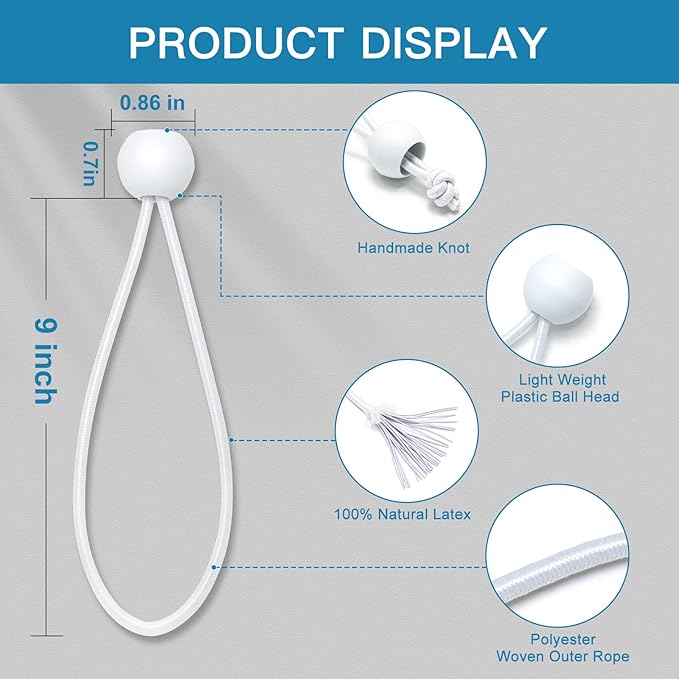 Bungee Balls 9 Inch, 100 PCS White Tarp Bungee with Balls Heavy Duty Tarp Tie Downs for Camping, Shelter, Cargo, Tent Poles with UV Resistant