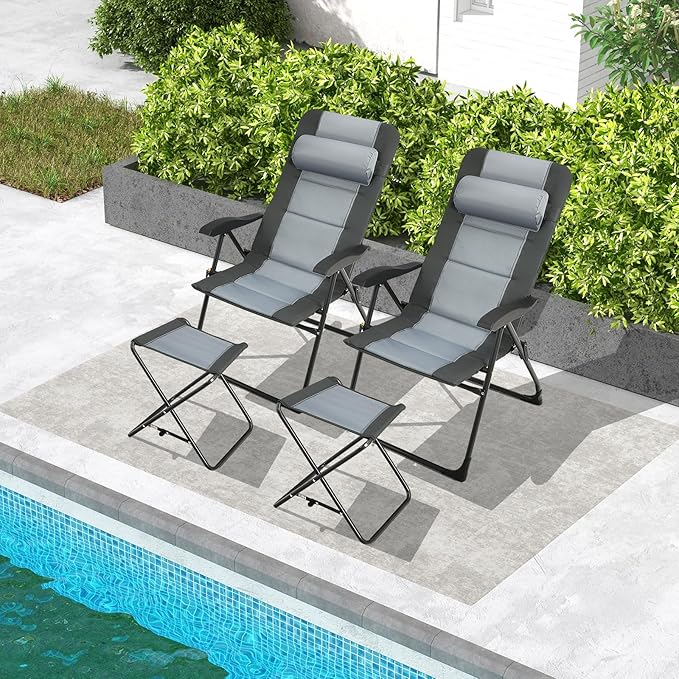 GYMAX Patio Chairs with Ottomans, Outdoor Recliner Set of 2 with 7-Level Backrest, Armrest, Detachable Headrest & Back Pocket, Padded Folding Camping Lounger for Lawn Balcony Backyard (4)
