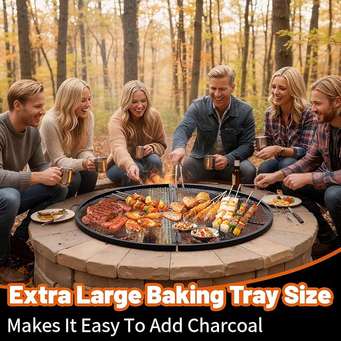 40 Inch X-Marks Fire Pit Grill Grate Round Foldable Fire Pit Cooking Grate Heavy Duty Steel Campfire BBQ Grill Grid with Handles for Outdoor Camping Cooking, Black