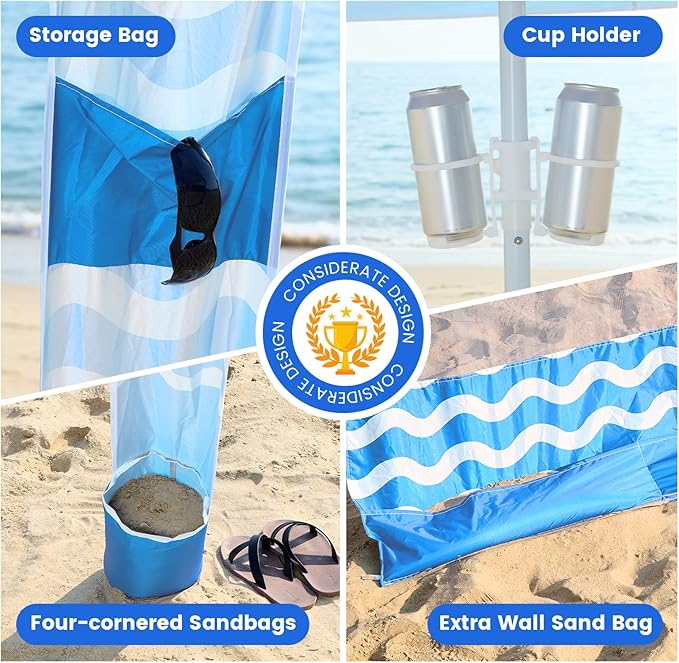 Zeraty Beach Cabana 8'×8', Portable Beach Canopy with Side Wall, Easy Pop Up UPF 50+ Silver-Coated Beach Tent Sun Shelter, Wind Resistant Adjustable Height Beach Umbrella Tent for Family, Sky Blue
