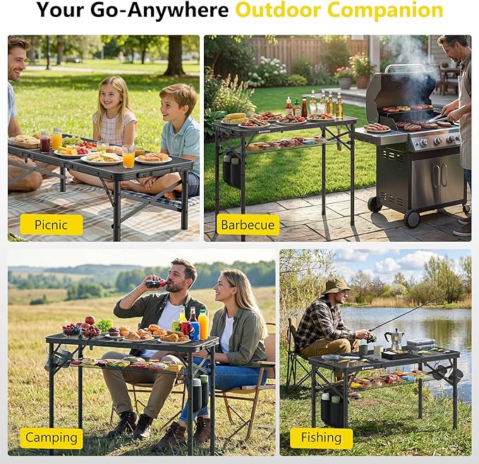Tri-fold Camping Table, 3 Heights Adjustable Grill Table with Storage Bag, Aluminum Frame Folding Tables, Portable Handle for Outdoor Camping Picnic Cooking BBQ, 35.43"x15.75", Black