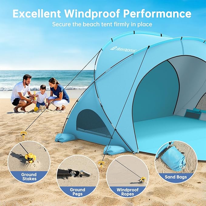 Beach Tent Sun Shelter, Beach Shade Tent with UPF50+ UV Protection, Sun Shelter for 1-3 Person, Beaches Shade with 2 Zippered Doors, Portable Tents for Camping Fishing, Light Blue