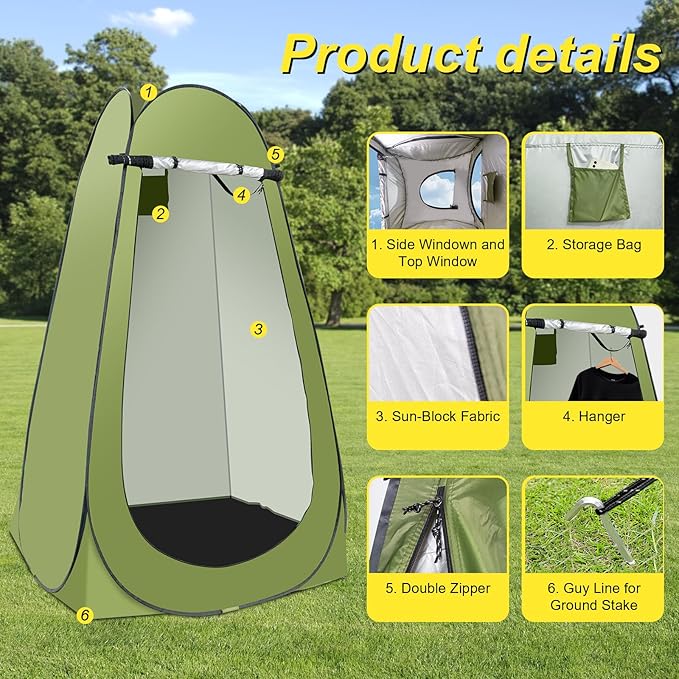 Pop Up Shower Tent for Camping, Portable Outdoor Privacy Shower Tent with 6000mAh Rechargeable Shower