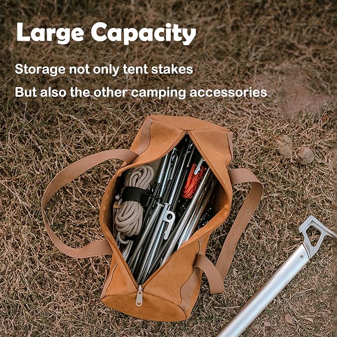 Tent Stakes Bag, Double Layer Tent Pole Pegs Storage Bag, Camping Accessories Large-Capacity Canvas Tool Bag with Zipper for Man Camping, Hiking (35cm Khaki)