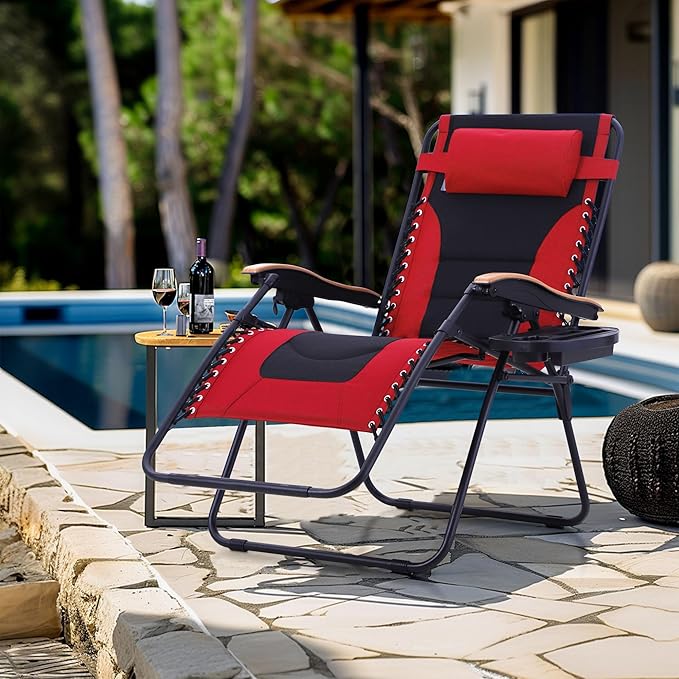 MFSTUDIO Zero Gravity Chairs Set of 2, XL Oversized Outdoor Anti Gravity Chair, Patio Lounge Folding Adjustable Chair with Cup Holder & Padded Headrest, Support 400lbs,Red