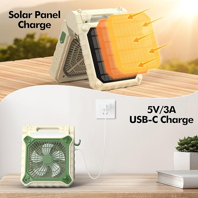 Solar Fan with LED Lantern - Battery Powered with Solar Panel, 90° Adjust, 3 Speed & Timer, 40Hrs Cooling, Rechargeable Battery Operated, Solar Powered for Camping Outdoor Fishing Travel RV Hurricane