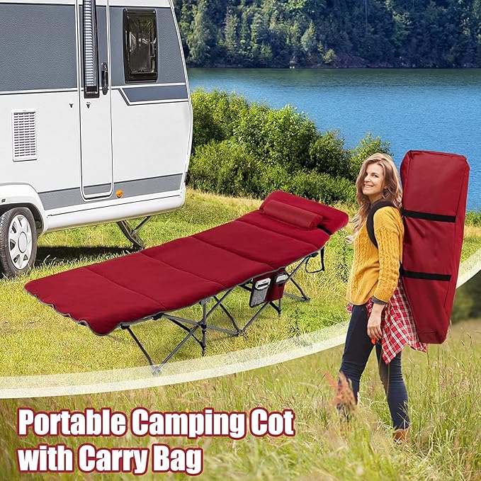 Goplus Camping Cot, Folding Camping Cot with Mattress, Pillow, Carry Bag, Storage Pocket, Camping Bed Military Cot for Home Office Nap Hiking, Heavy-Duty Portable Sleeping Cot for Adults Kids (Wine)