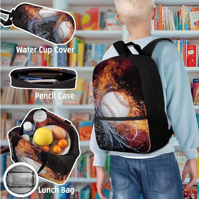 4 in 1 Print Backpack with Lunch Box and Water Bottle Kids School Backpack Boys Basketball Lightweight Teen Bookbag for Boys Ages 8-12 Kindergarten Elementary Middle Camping Travel