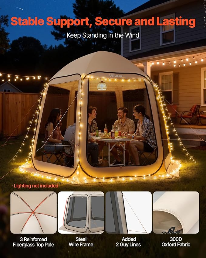 VEVOR 10 x 9.2 ft Pop-Up Screen House Tent, 4–8 Person Portable Screen Gazebo w/Carry Bag, Netting Sides & Ground Stakes, Quick Setup, Screened in Canopy for Garden, Patio & Backyard, Outdoor, Beige