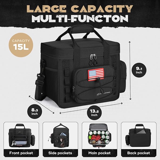 Maelstrom Tactical Lunch Box, Insulated Lunch Bag for Men, Large Leakproof Soft Cooler Bag with Detachable MOLLE Bags, Durable Lunch Tote for Adult Women Work,Picnic,20 Cans/15 L, Black