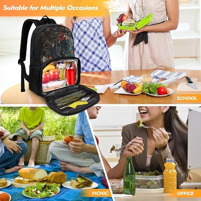 Horse Floral Moon Computer College Laptop Bag with Lunch Compartment for Men Women, Primary Middle High School Daypack Bookbag, Dustproof Hiking Picnic Cooler Backpack Meal Bag