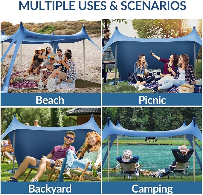 Gardentime Beach Tent Canopy with 8 Sandbags 4 Aluminum Poles, Pop Up Portable Camping Sun Shelter, Easy Set Up with 2 Sand Shovel, Ground Pegs, Carrying Bag for Outdoor Beach,Picnic, Fishing